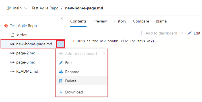 Screenshot that shows the More options menu for a wiki file that includes the edit, rename, and delete actions.