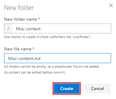 Screenshot that shows how to specify the new folder to serve as a page with subpages in the wiki TOC.