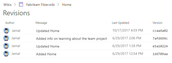 Screenshot that shows the revisions for a wiki page, including the change author, revision message, change date, and change version or commit ID.
