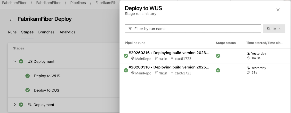 Screenshot showing stages deployment history. Screenshot showing stages deployment history.