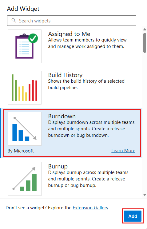 Screenshot of the Add Widget dialog. The Burndown widget and the Add button are highlighted.