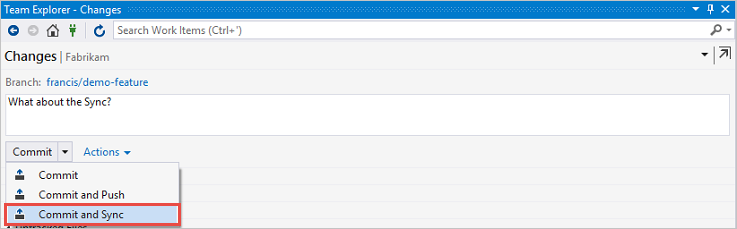 Commit and sync in Team Explorer