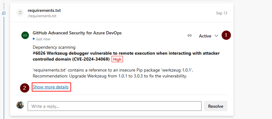 Screenshot of active dependency pull request annotation.