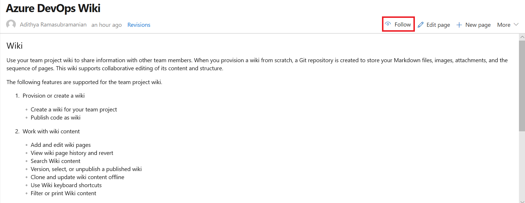 Wiki page Screenshot of an Azure DevOps Wiki page with the Follow option called out.