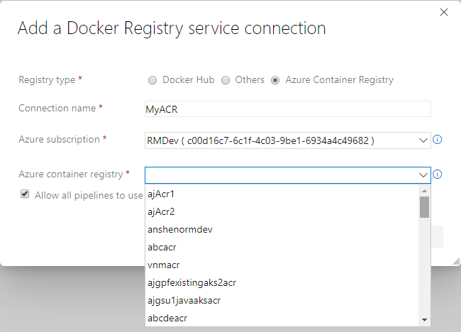 Add a Docker service connection Screenshot showing how to add a Docker service connection.