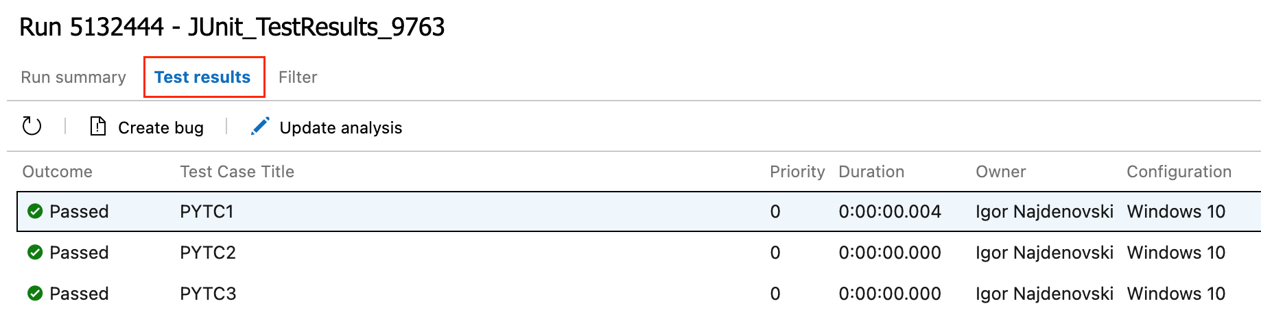 Screenshot shows viewing the test results details.