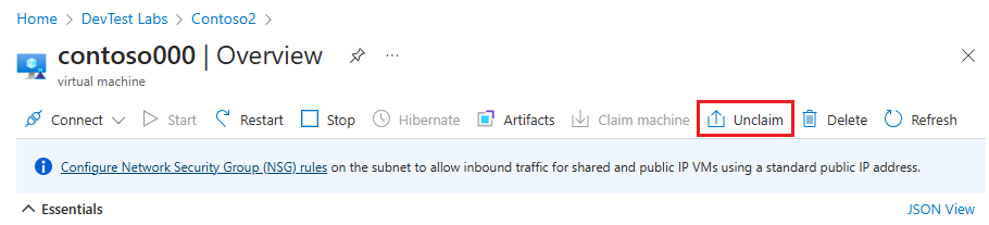 Screenshot of Unclaim on the VM's Overview page.