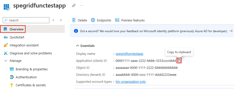 Screenshot that shows the Overview page of a Microsoft Entra ID app with the application (client) ID highlighted.