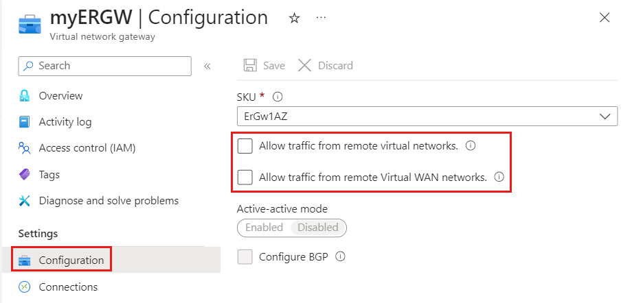 Screenshot showing the Configuration page with checkboxes for allowing traffic from remote virtual networks and Virtual WAN networks.