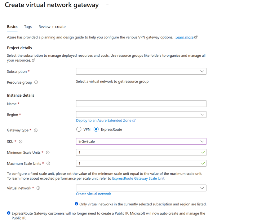 Screenshot of the create page in Azure portal with Scalable Gateway.
