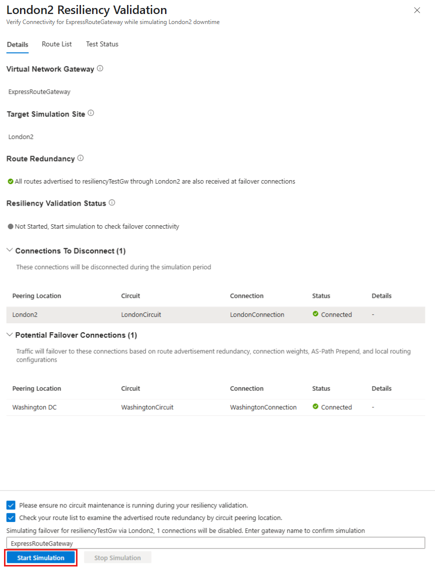 Screenshot showing the Resiliency Validation testing page.