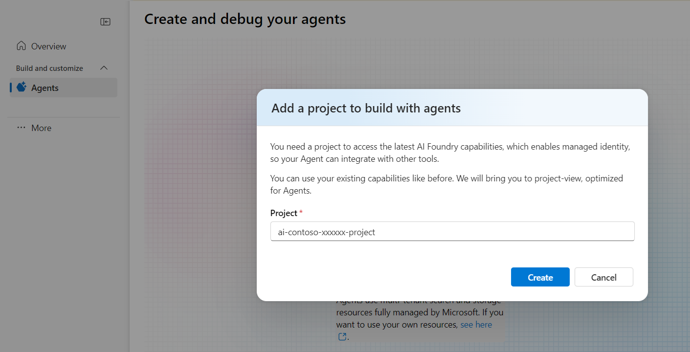 Screenshot of Agents tab prompting to create a new Foundry project.