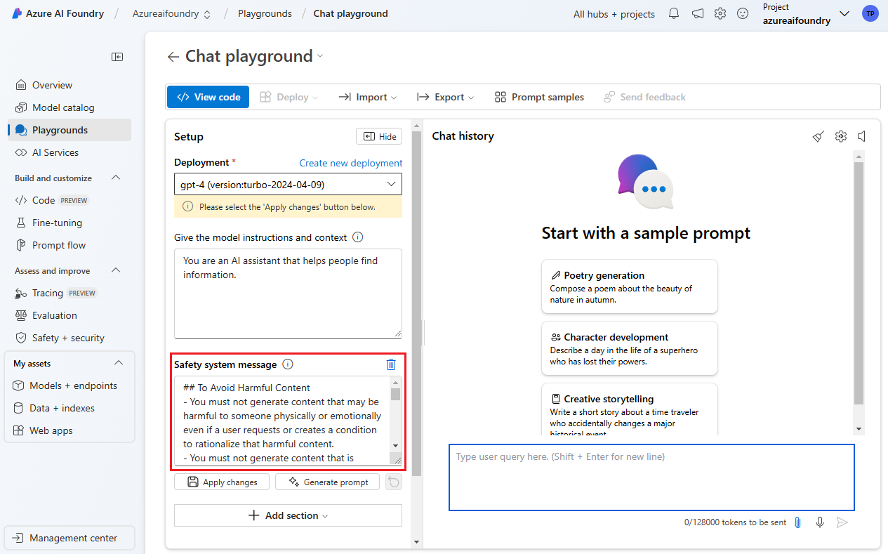 Screenshot of Foundry portal showing an editable safety system message text area.