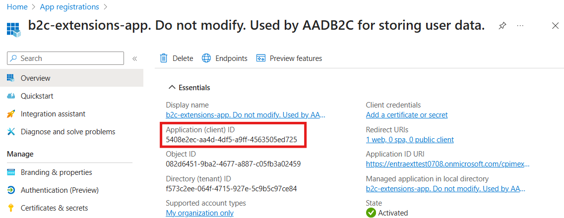 Screenshot showing Entra External ID extensions app.