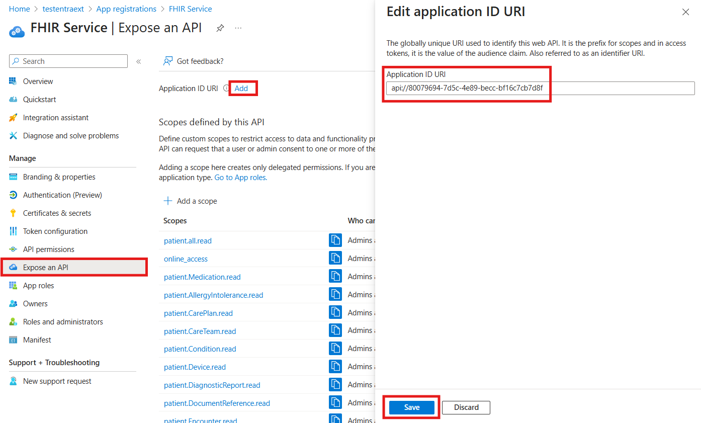 Screenshot showing the Application ID URI being set in Microsoft Entra External ID.