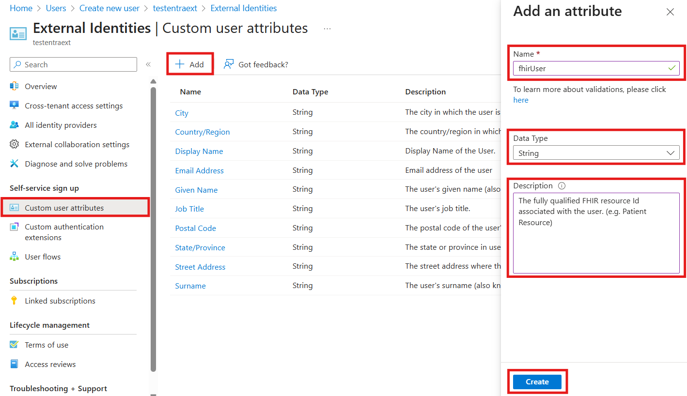 Screenshot showing the creation of fhirUser custom attribute in Microsoft Entra External ID.