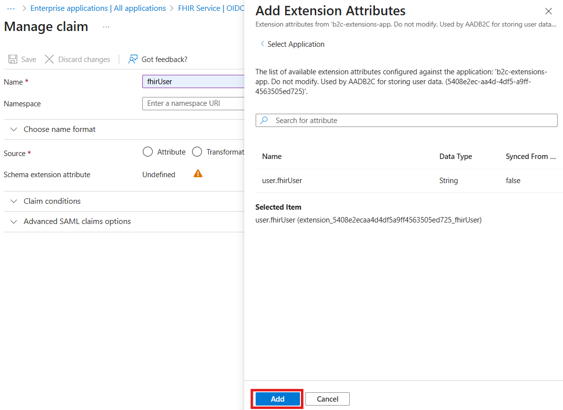 Screenshot showing selection of the user.fhirUser attribute during claim configuration in Microsoft Entra External ID.