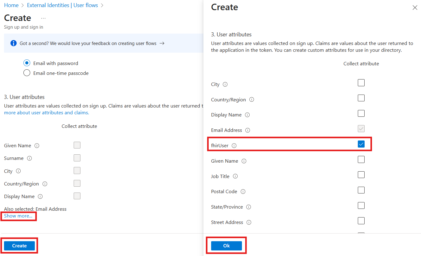 Screenshot showing user flow configuration and selection of fhirUser attribute in Microsoft Entra External ID.