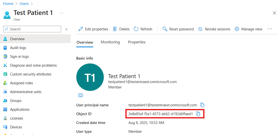 Screenshot showing Entra External ID user ID.
