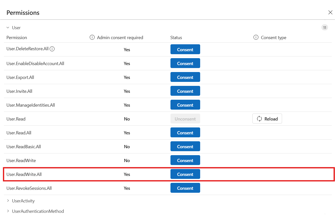 Screenshot showing Graph consent for fhirUser claim.