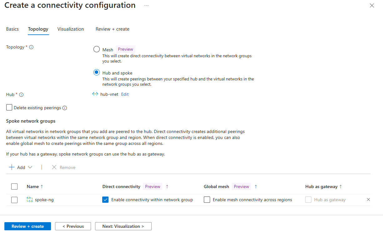 Screenshot of Create a connectivity configuration for hub and spoke with direct connectivity.