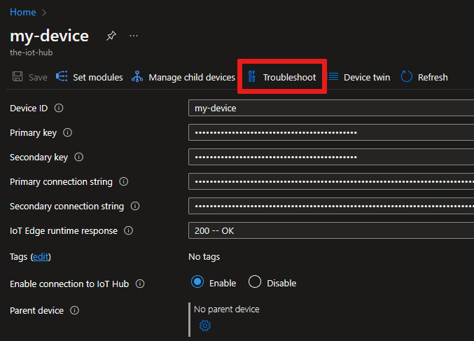 Screenshot of the Troubleshoot tab on the Azure portal device details page.