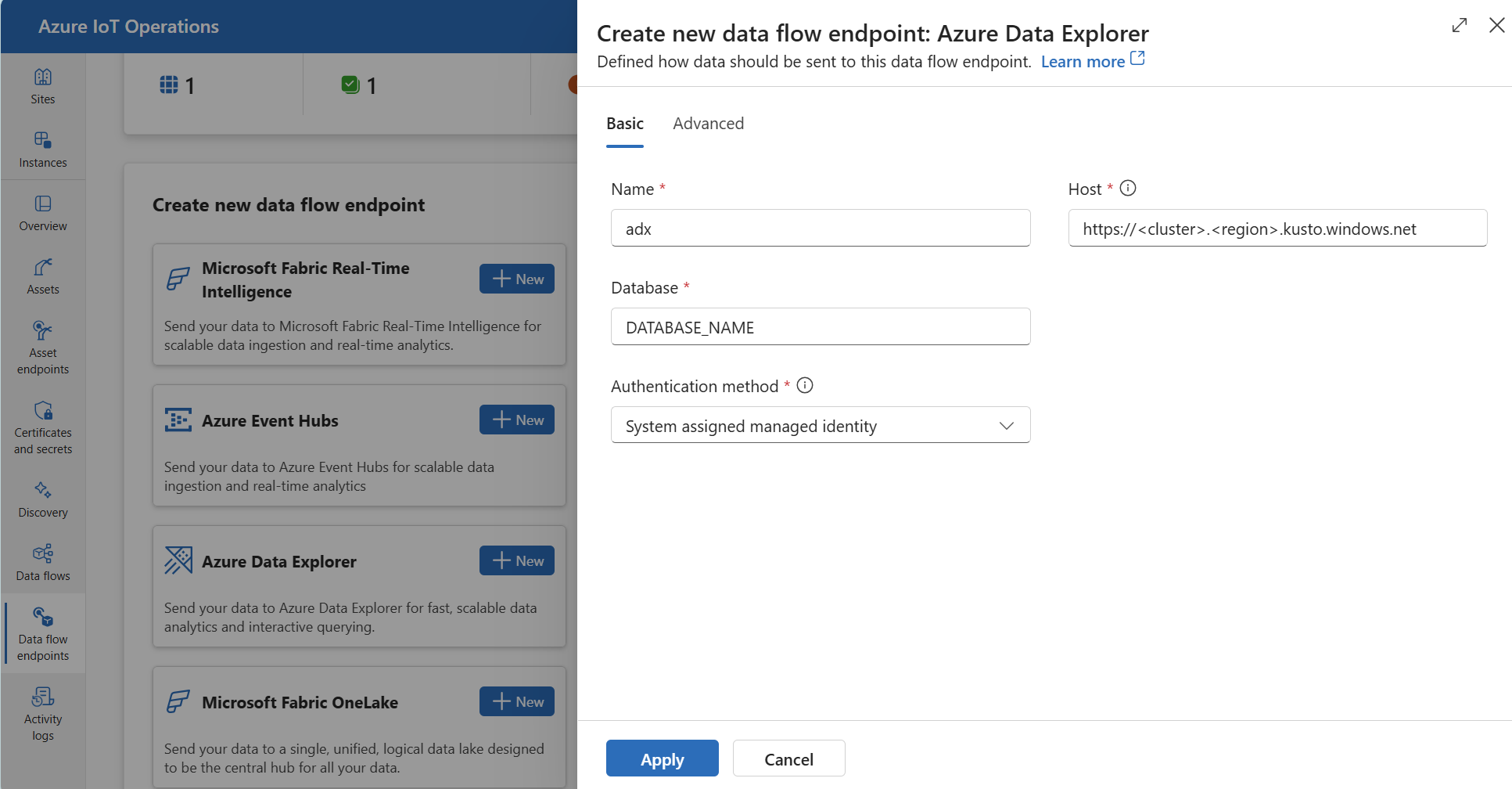 Screenshot using operations experience to create an Azure Data Explorer data flow endpoint.