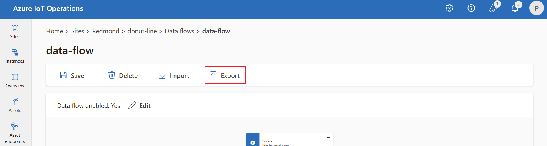 Screenshot of the operations experience interface showing the export option for a configured data flow.