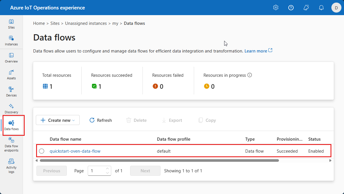 Screenshot in the operations experience that shows a list of data flows.
