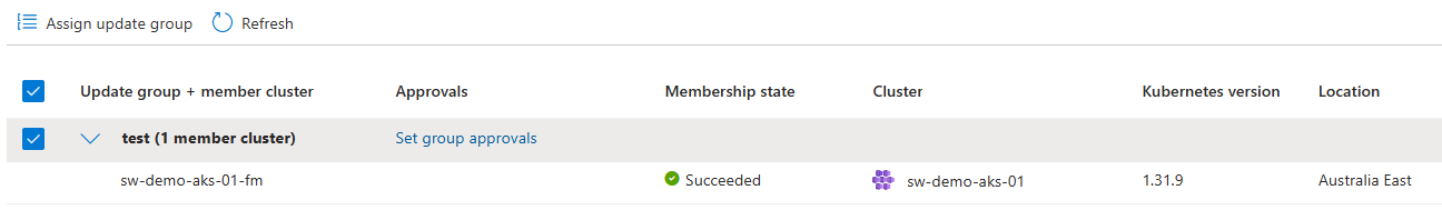 A screenshot of the Azure portal showing creation of Azure Kubernetes Fleet Manager update strategy stage, selecting update groups to include.