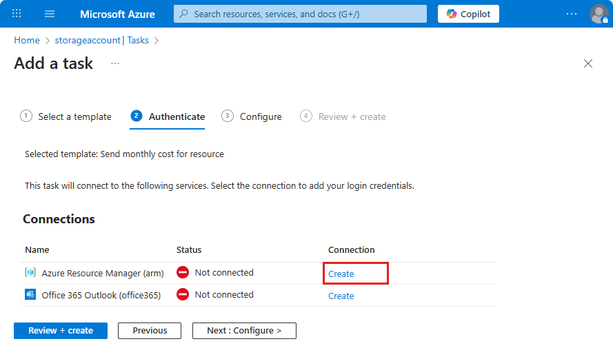 Screenshot shows the Create option for the Azure Resource Manager connection.