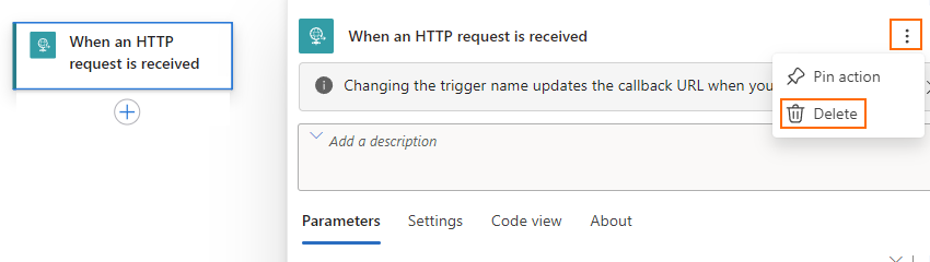 Screenshot shows workflow designer with selected trigger, opened trigger information pane, and selected ellipses button and selected Delete command.