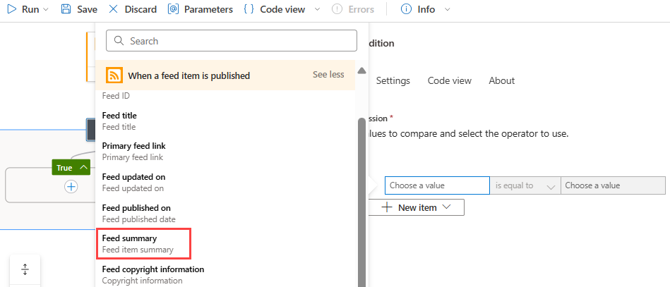 Screenshot shows Azure portal, Consumption workflow designer, RSS trigger, and Condition action with criteria construction.
