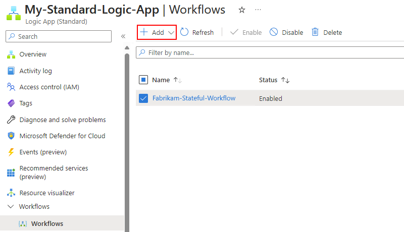 Screenshot shows selected logic app Workflows page and toolbar with Add command selected.