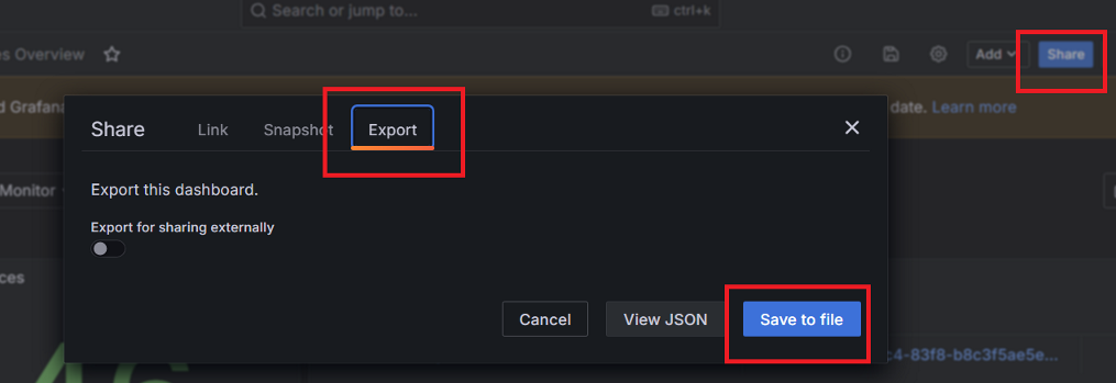 Screenshot of the Grafana user interface showing the dashboard export option.