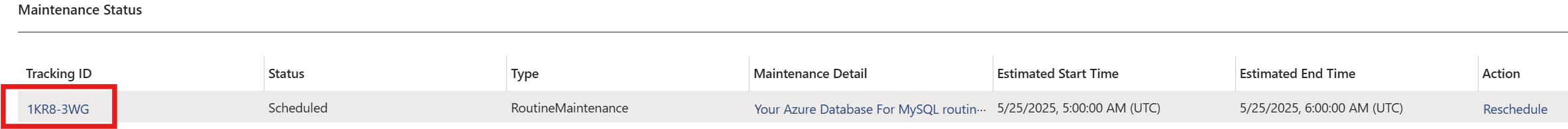 Screenshot that showcases maintenance TrackingID.