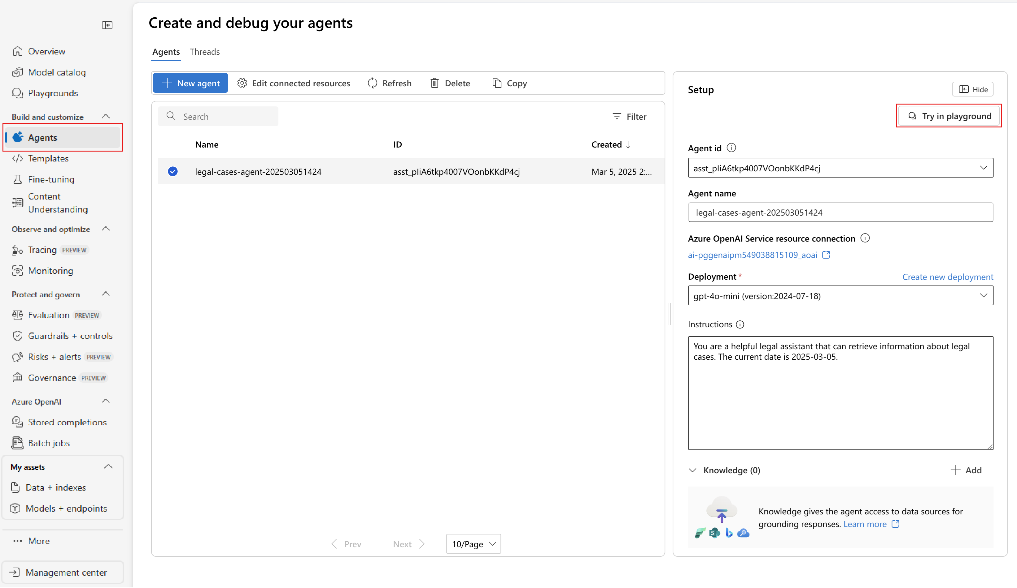 Screenshot that shows selections for finding the agent playground.