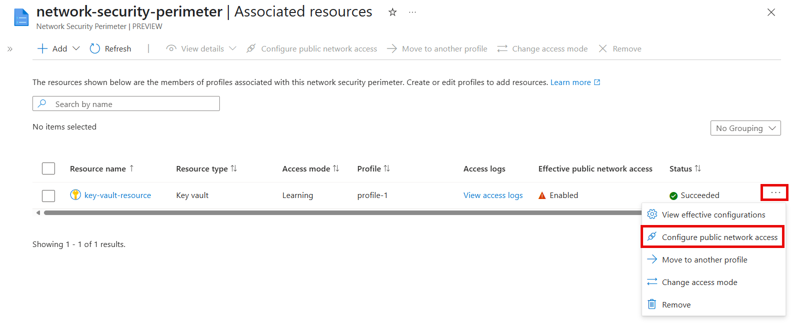 Screenshot of resources page with management options selected for resource.