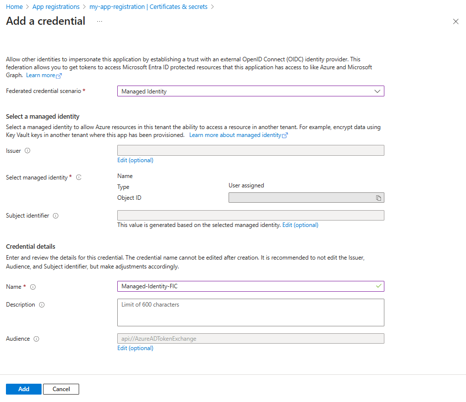 Screen shot showing how to add a credential.