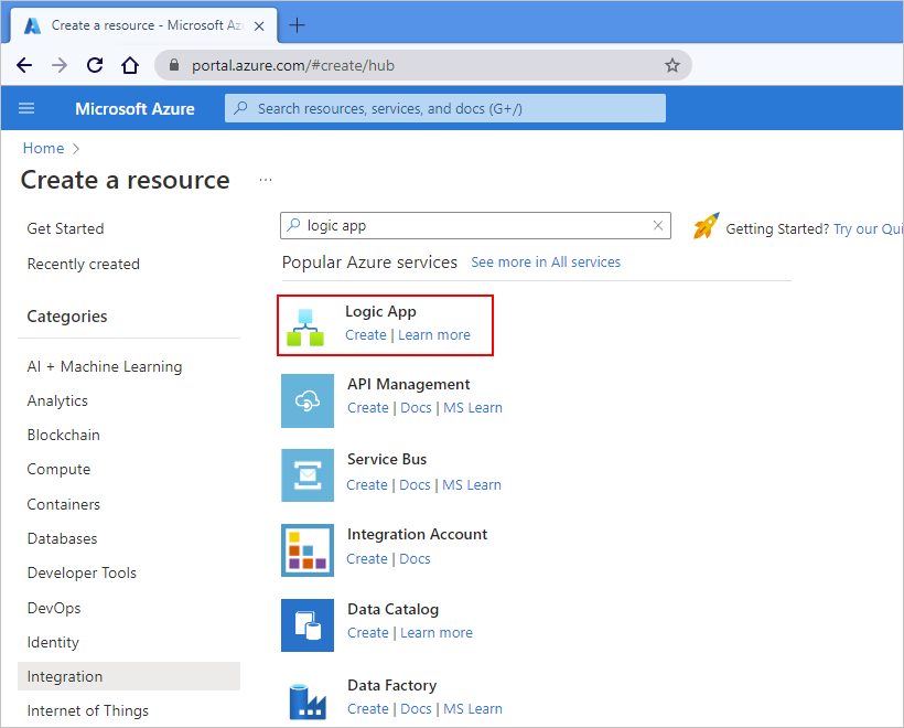Screenshot that shows Azure Marketplace menu with selected options for Integration and Logic App.