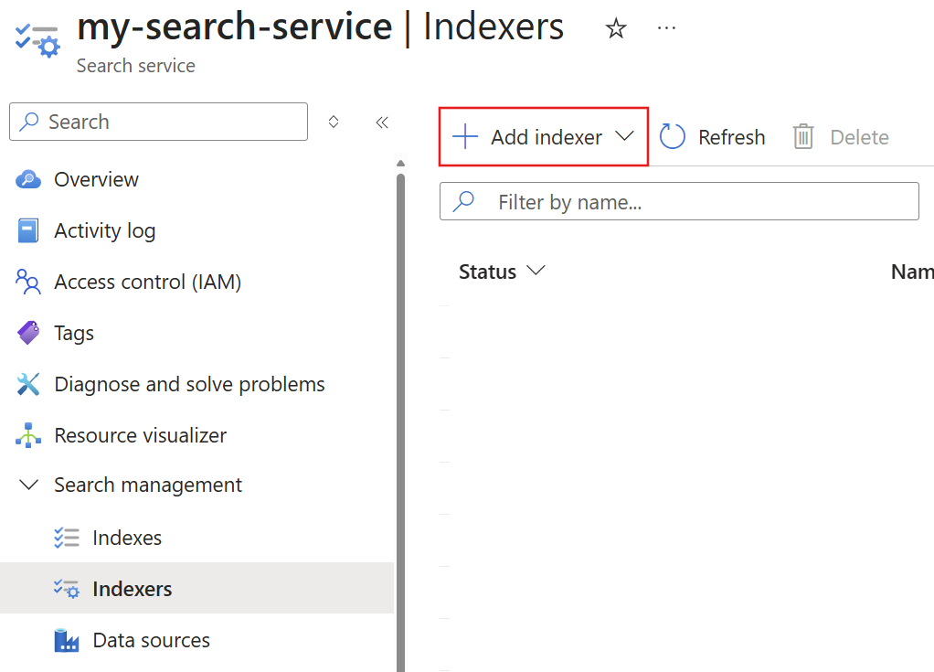 Screenshot that shows the Add indexer button.