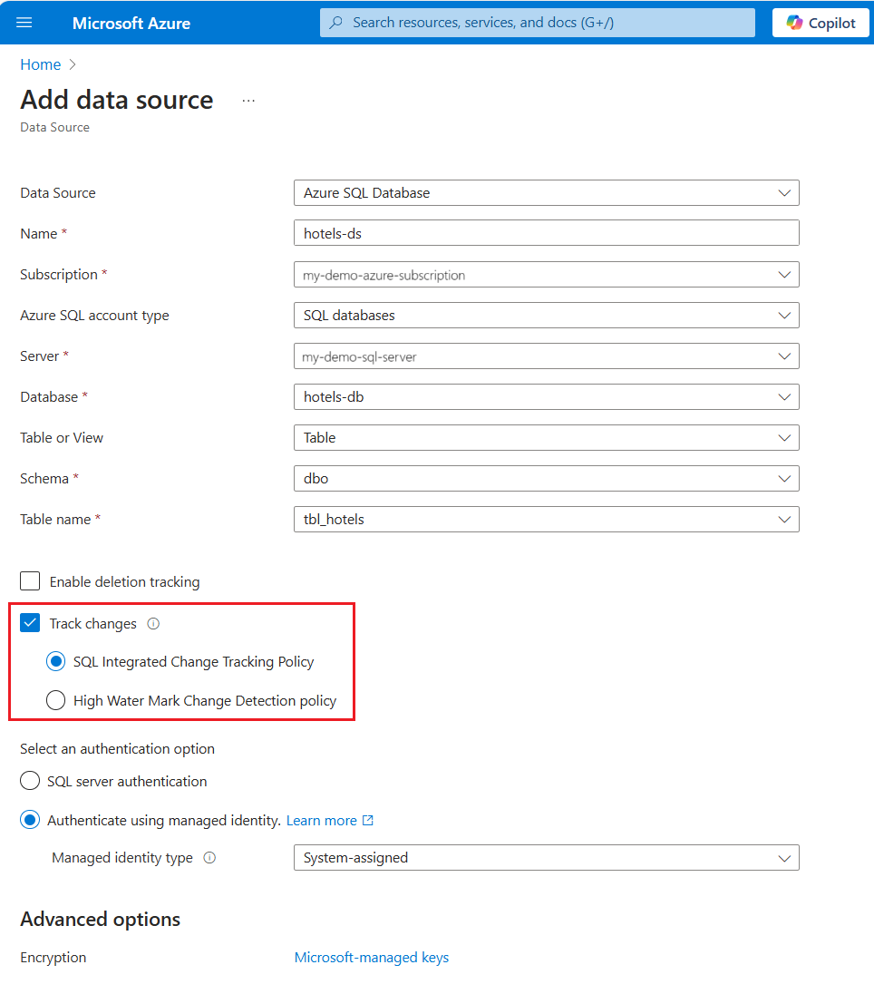 Screenshot of the data source creation page in the Azure portal.
