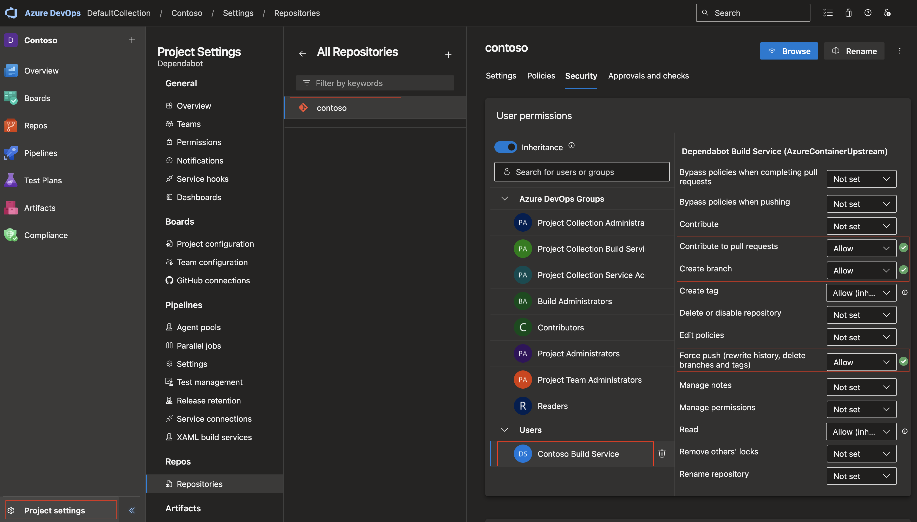Permissions * Locate the Build service permissions.*