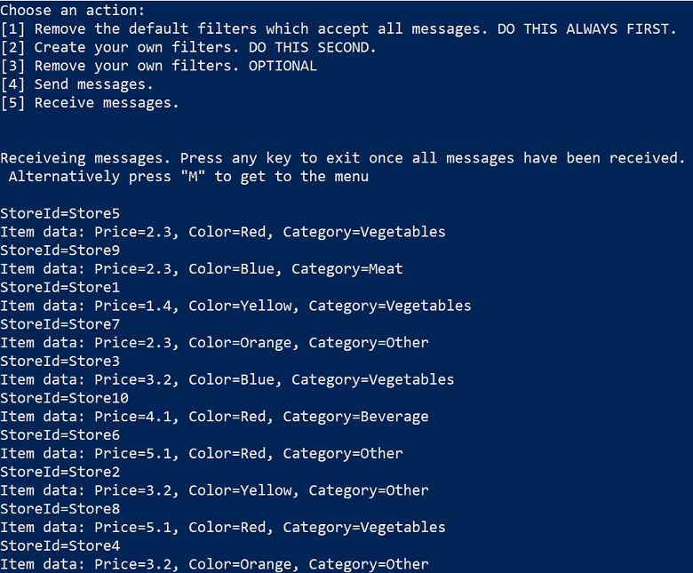 Screenshot shows the received messages output.