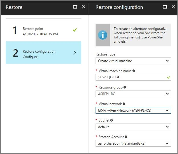 Screenshot showing window for restoring a configuration from Azure Backup.