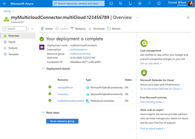 A screen capture showing the newly created Multicloud Connector's Overview page with the deployment details displayed.