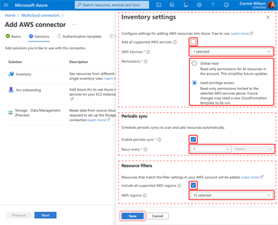 A screen capture showing the Multicloud Connector creation page with the Inventory Settings pane exposed. The required Inventory fields are displayed.