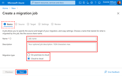 A screen capture showing the Create a Migration Job page with the Basics tab selected and the required fields displayed.