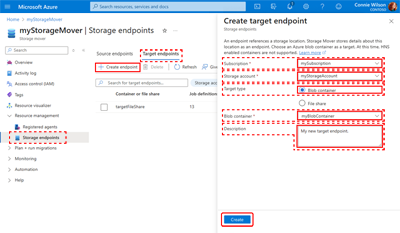 A screen capture showing the Endpoints page containing the Create Target Endpoint pane with required fields displayed.