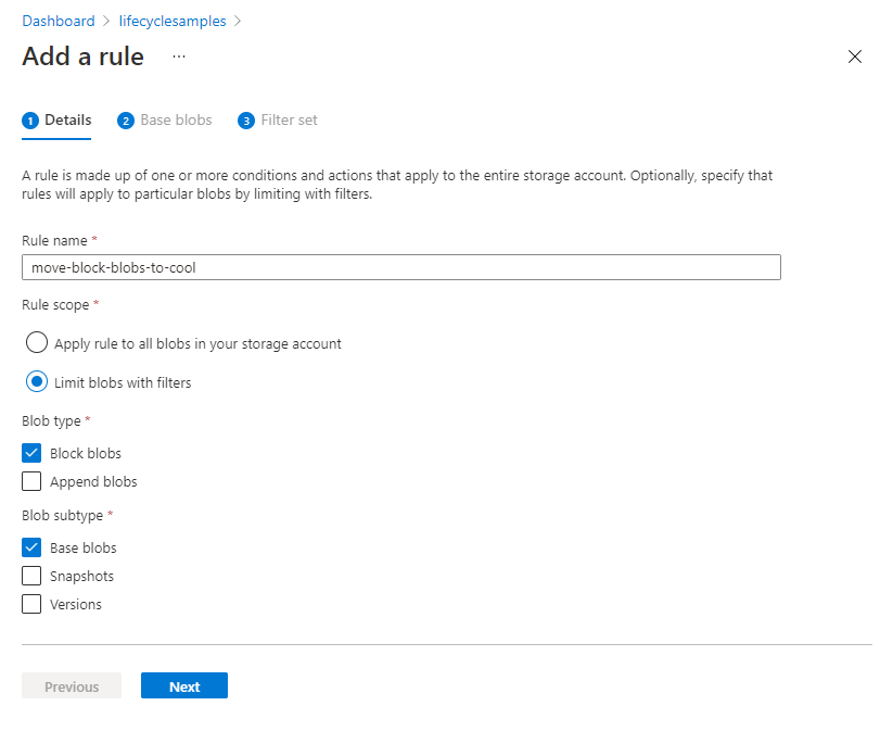 Screenshot of the lifecycle management add a rule details page in Azure portal